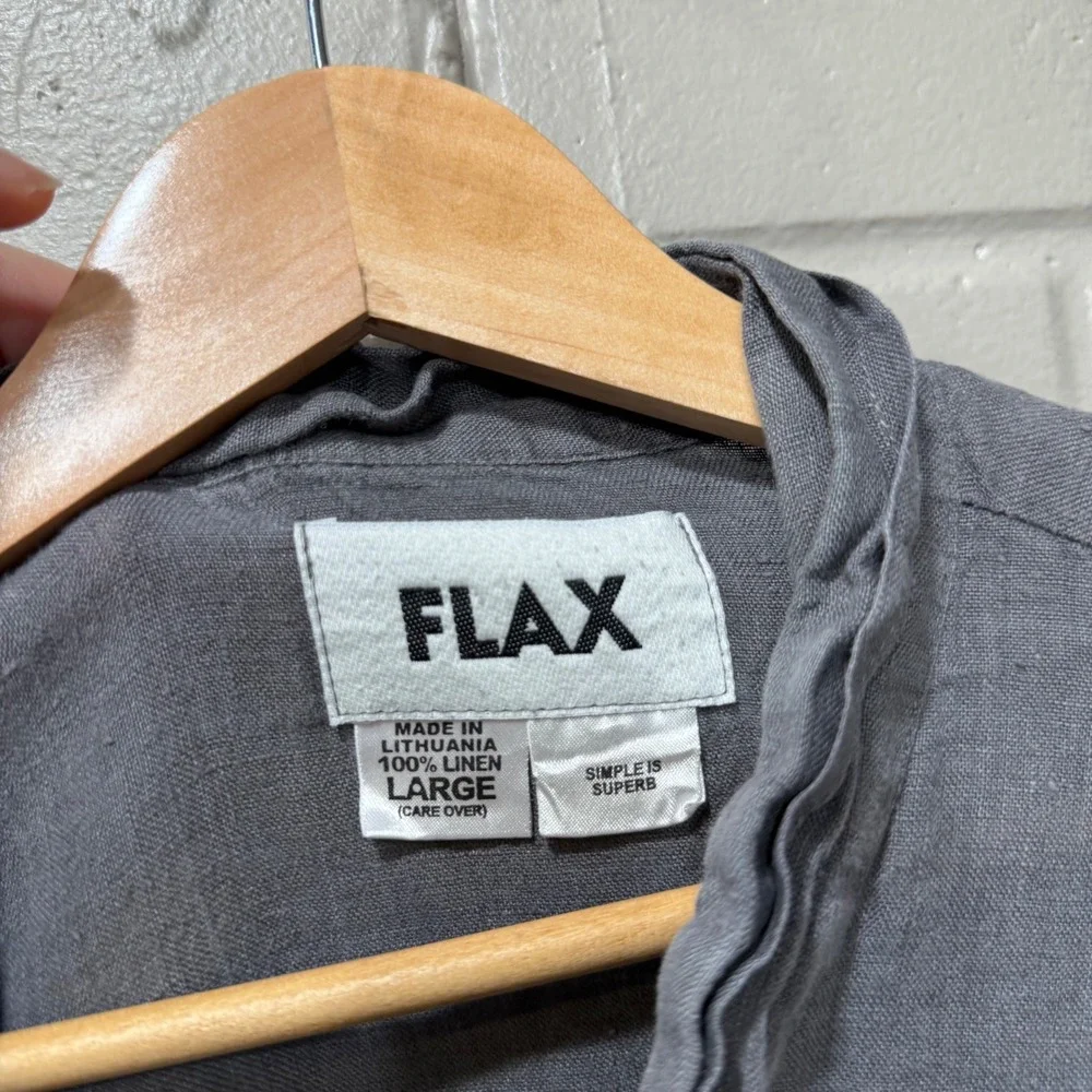FLAX Linen Button Down Shirt Ruffle Collar Charcoal Gray Oversized L Lagenlook - Picture 6 of 11